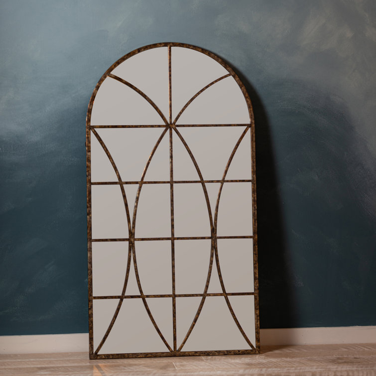 Elegant Arched Top Aged Gold Wall Mirror with Intricate Overlay