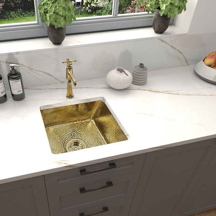 Hand-Hammered Brass and Copper Square Drop-In Sink, 17"