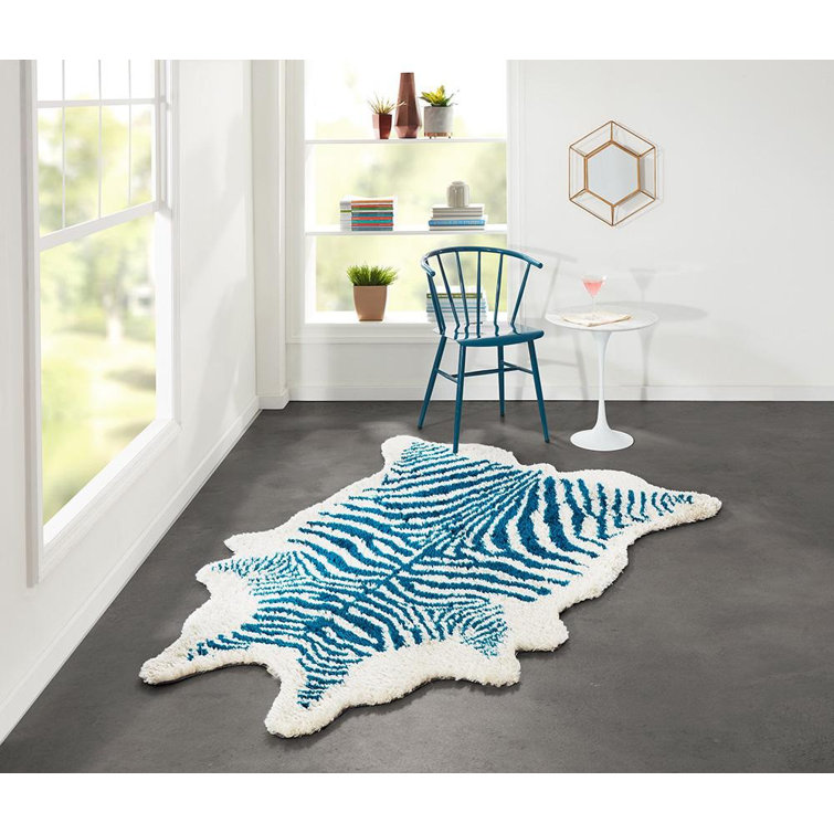 Turquoise and White Zebra Print Faux Fur Rug, 5' x 7'