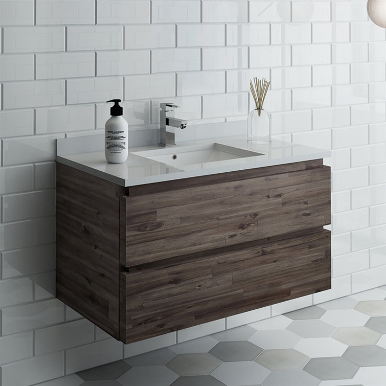 Acacia Brown 35" Wall Mount Single Sink Vanity Base