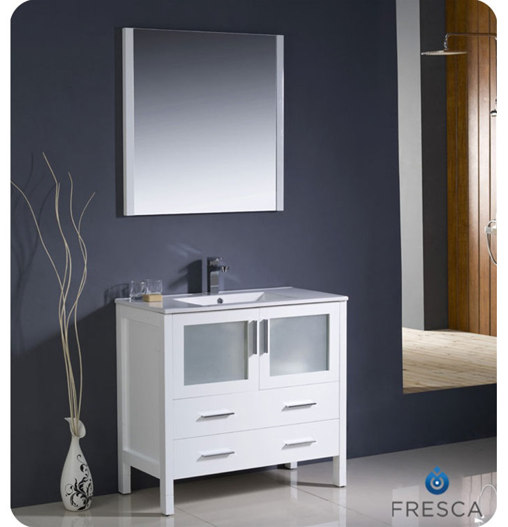 Torino 36'' White Ceramic Top Single Vanity Set with Mirror