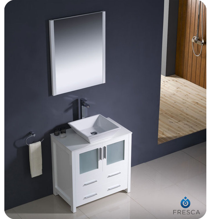 White Ceramic Top 30" Modern Freestanding Vanity Set with Mirror