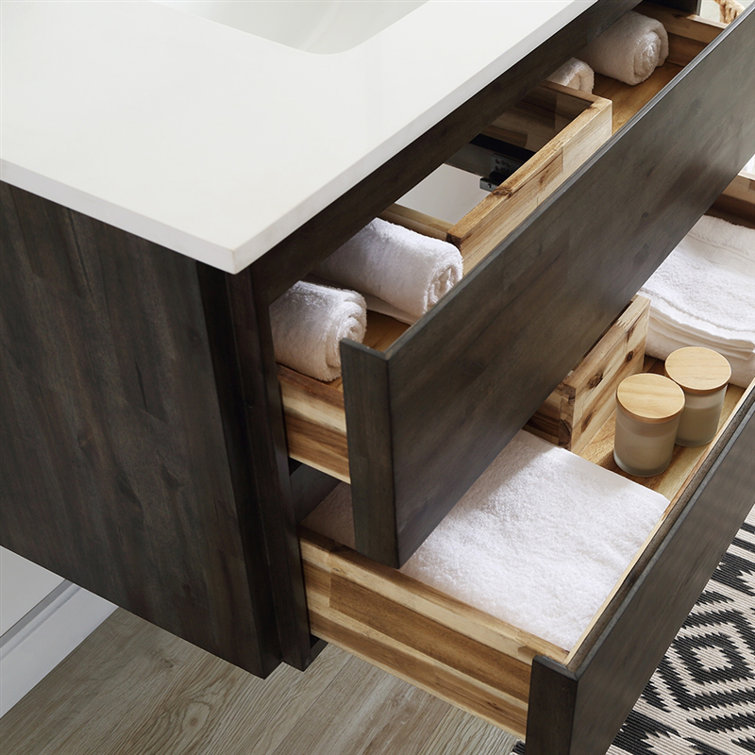 Elegant 60" Dual Sink Brown Quartz Wall-Mount Vanity Set