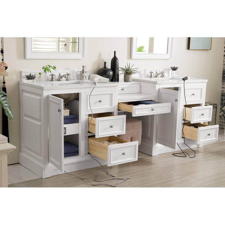 Bright White Solid Wood Double Vanity with Carrara Marble Top