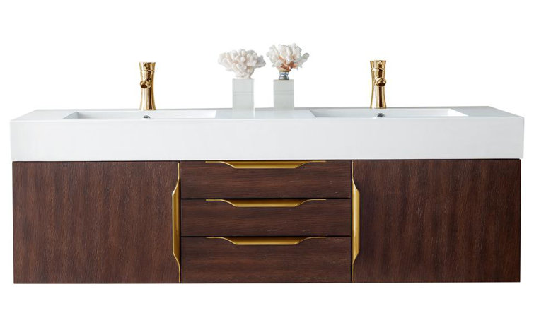 Latte Oak 59" Double Wall-Mount Vanity with Gold Accents