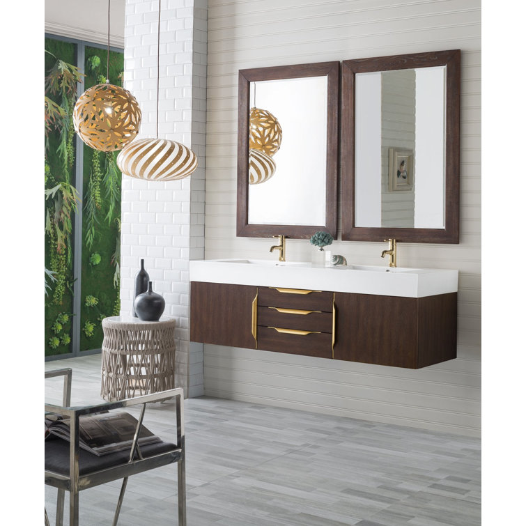 Latte Oak 59" Double Wall-Mount Vanity with Gold Accents