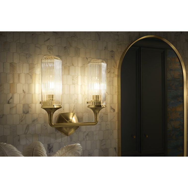 Brushed Brass Dual Light Cylindrical Glass Sconce