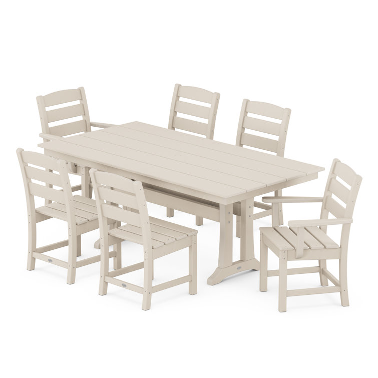 Beige 7-Piece Farmhouse Trestle Dining Set with Arched Back Chairs