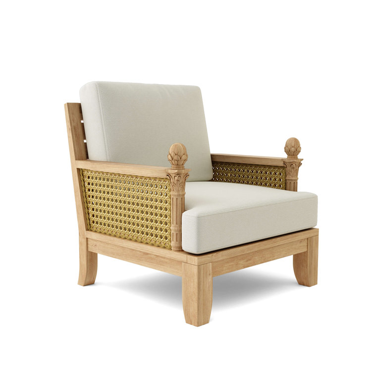 Teak Lounge Chair with Orange Cushions and Wicker Sides