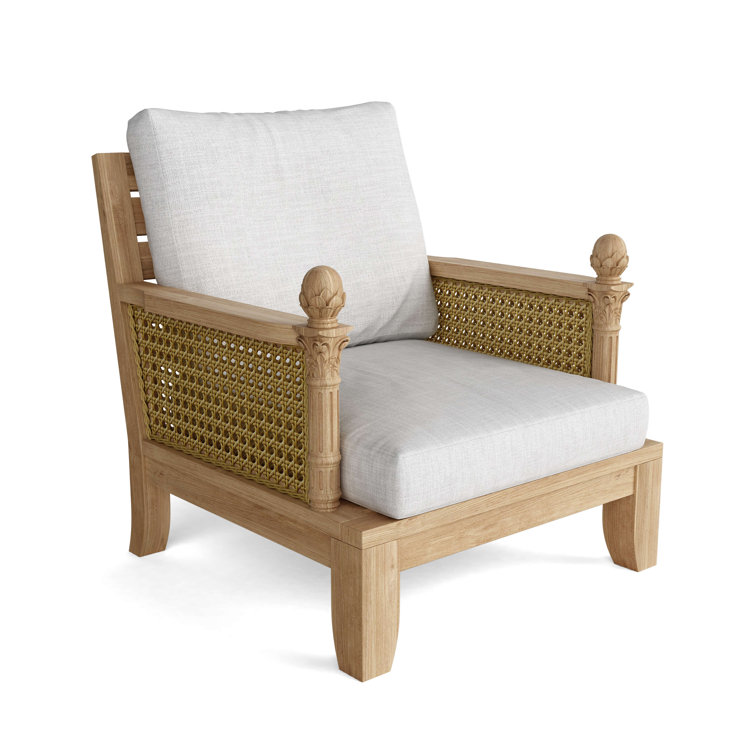 Teak Lounge Chair with Orange Cushions and Wicker Sides