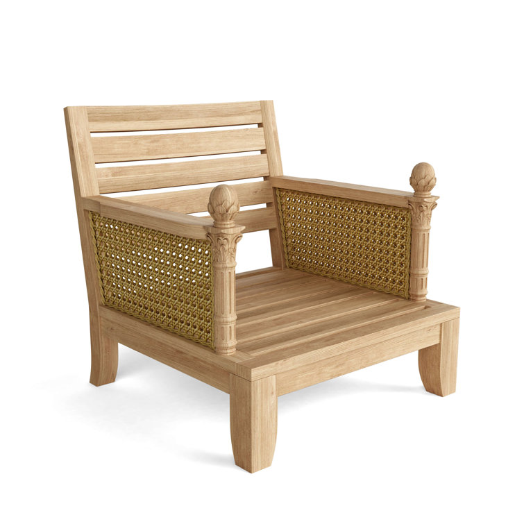Teak Lounge Chair with Orange Cushions and Wicker Sides