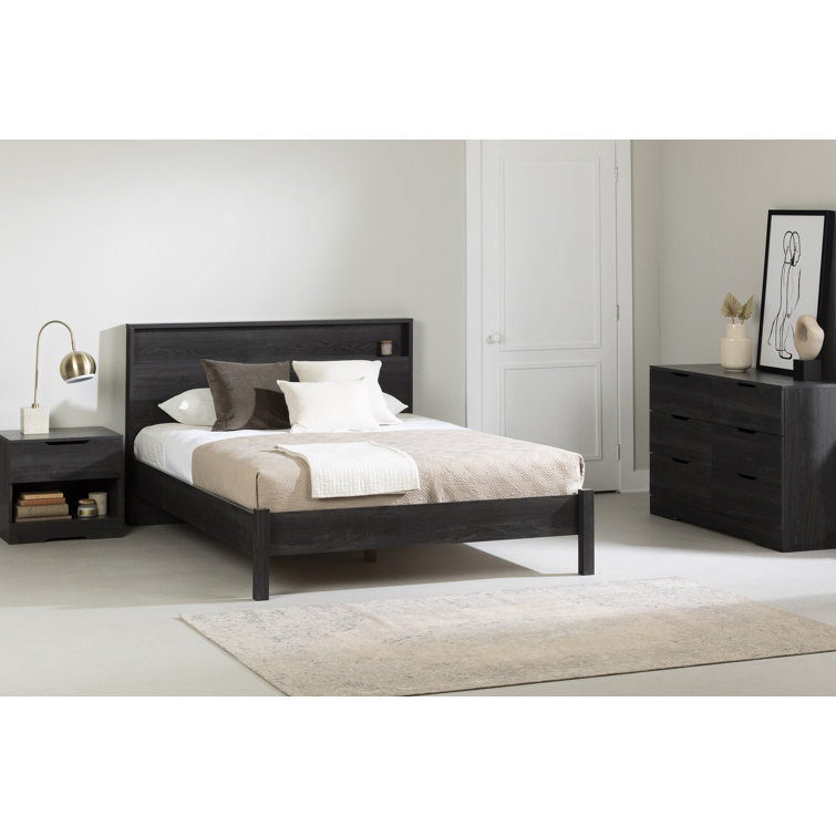 Minimalist Gray Oak Queen Platform Bed with Headboard