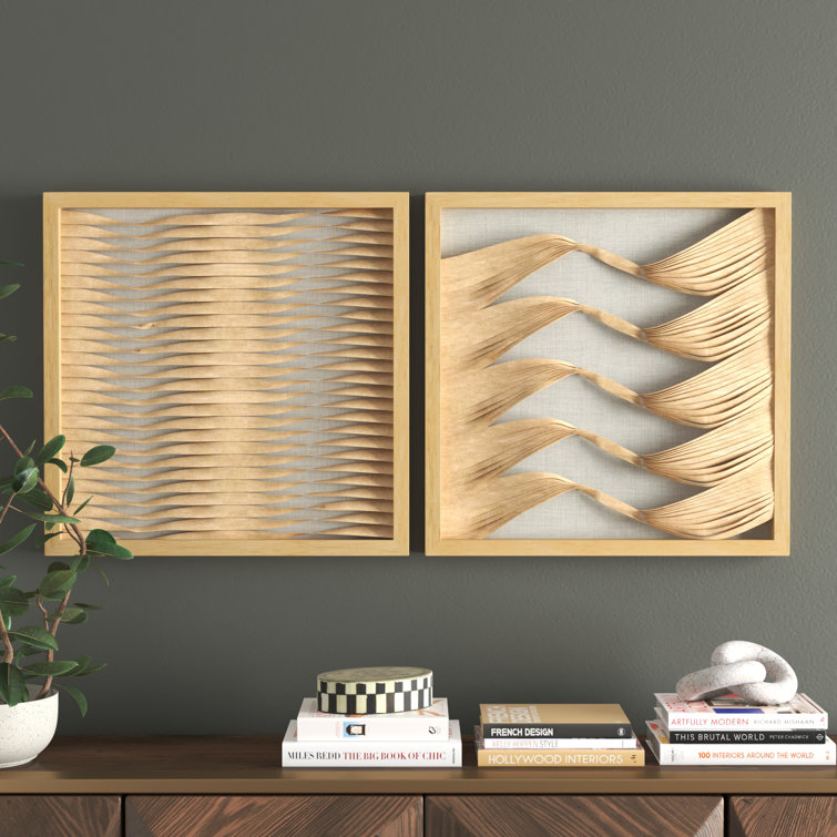 Large Brown Wood and Rattan Shadow Box Wall Art Set