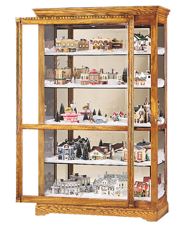 Golden Oak Traditional Lighted Curio Cabinet with Beveled Glass