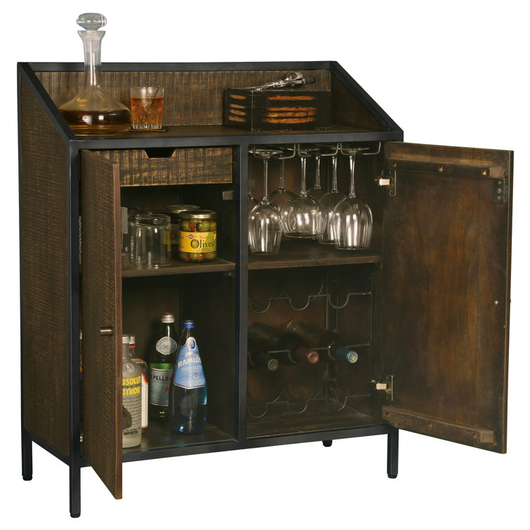 Vintage Charcoal Gray & Dark Brown Wine Bar Console with Storage