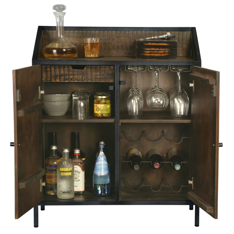 Vintage Charcoal Gray & Dark Brown Wine Bar Console with Storage