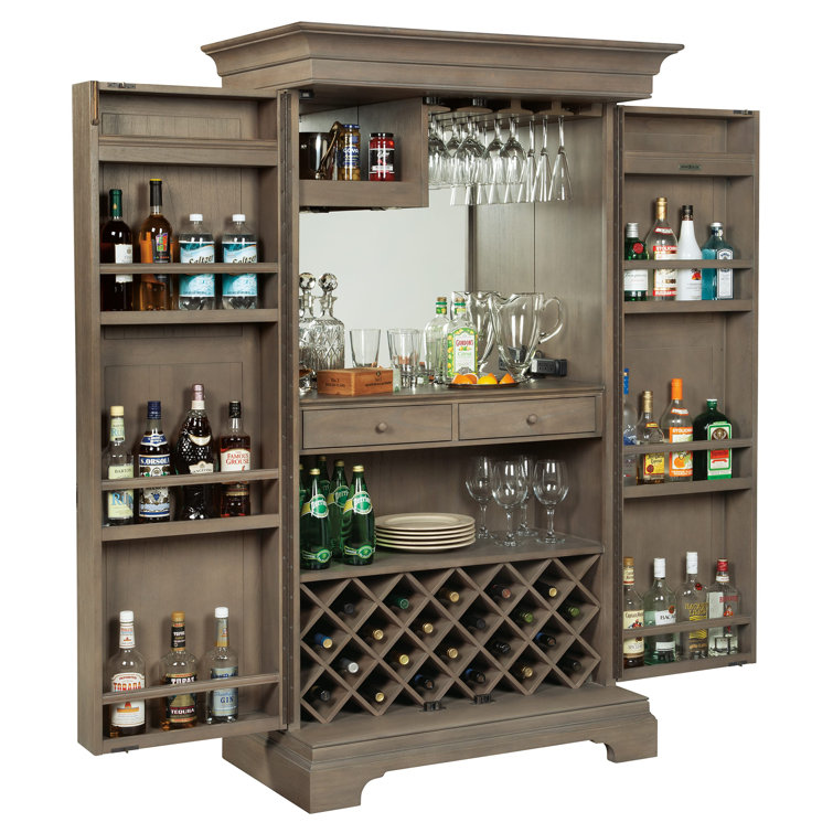Aged Gray Distressed Wood 43'' Bar Cabinet with Drawers