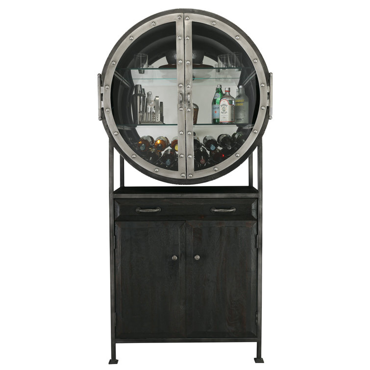 Aged Mocha Hardwood 39.75'' Bar Cabinet with Iron-Finished Frame