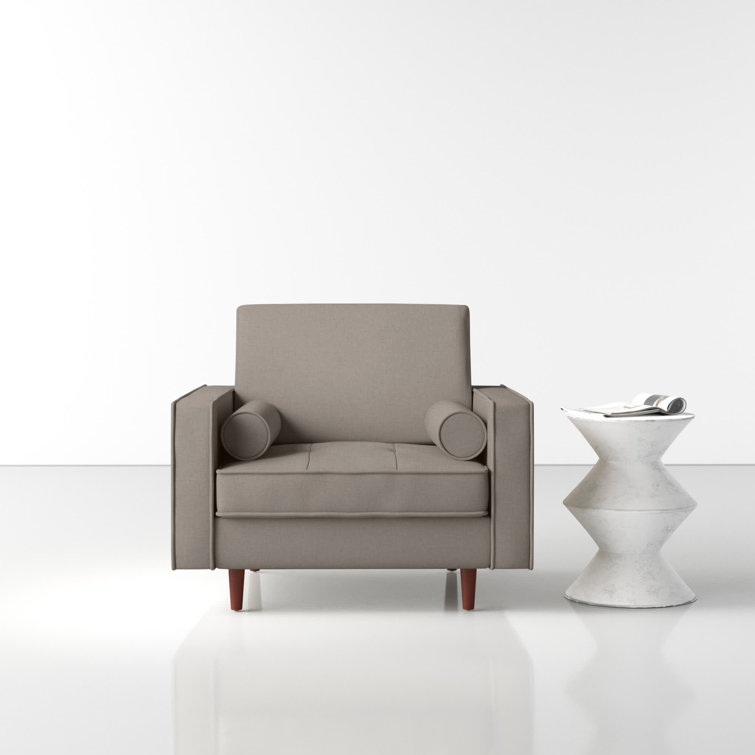 Gray Velvet Upholstered Armchair with Dark Brown Wood Legs