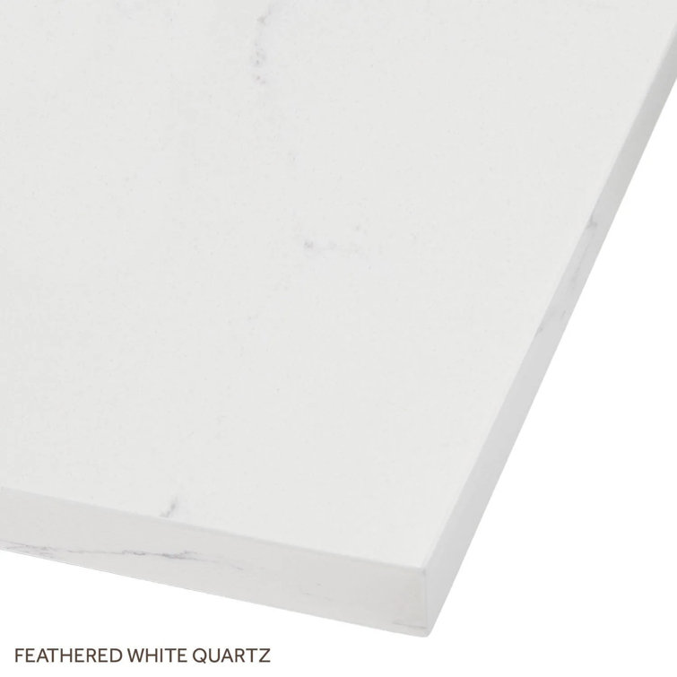 60" Feathered White Quartz Double Vanity with Natural Wood Finish