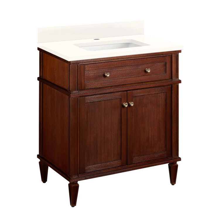 Antique Brown Wood Single Bathroom Vanity with Arctic White Quartz Top