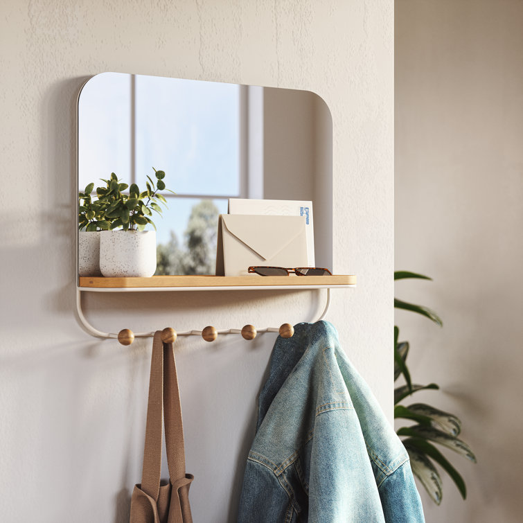 White Wood Rectangular Mirror with Hooks and Tray
