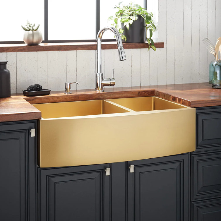 Atlas 36" Matte Gold Stainless Steel Farmhouse Sink with Curved Apron