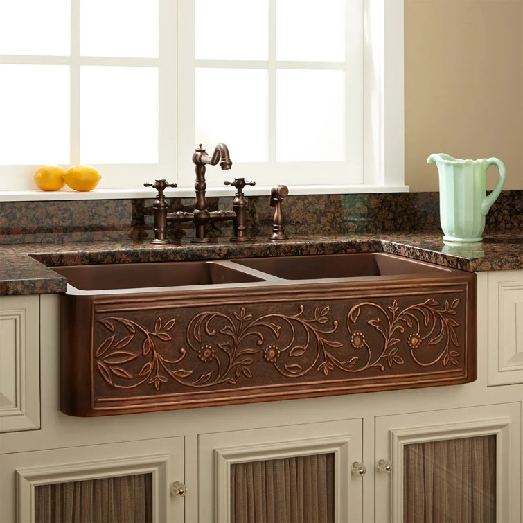 36'' Copper Farmhouse Double-Bowl Sink with Vine Design