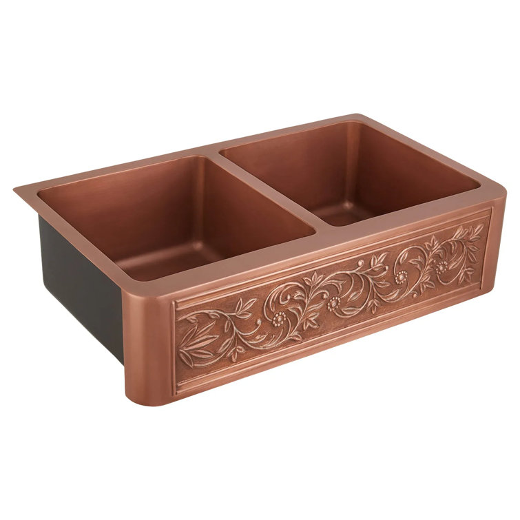 36'' Copper Farmhouse Double-Bowl Sink with Vine Design