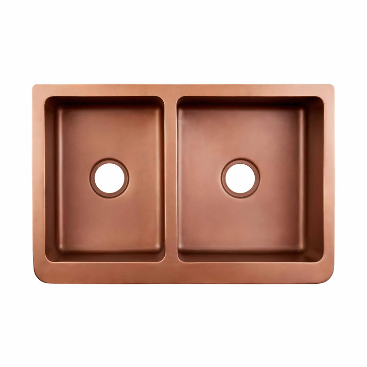 33'' Antique Copper Double Bowl Farmhouse Kitchen Sink