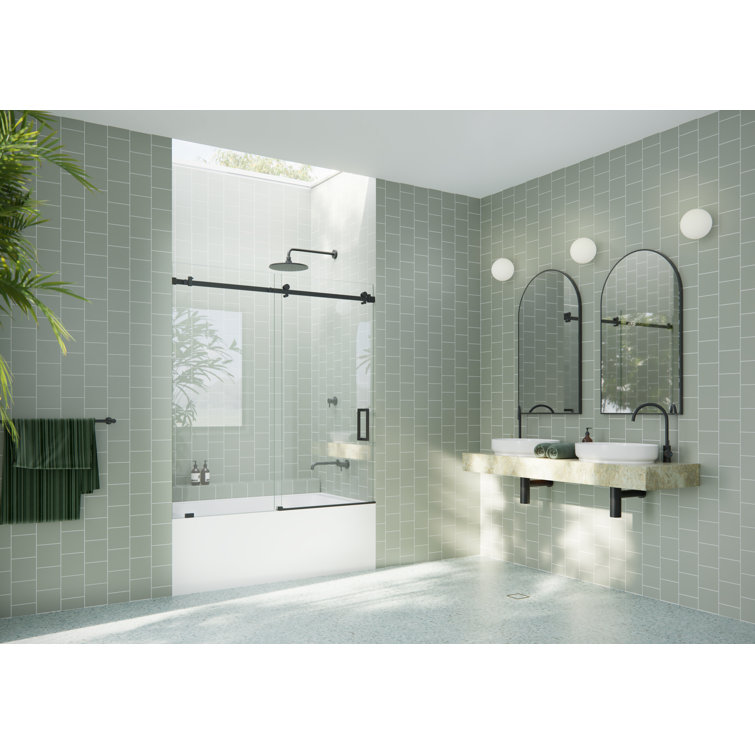 Astro Frameless Sliding Bathtub Door in Matte Black with Tempered Glass