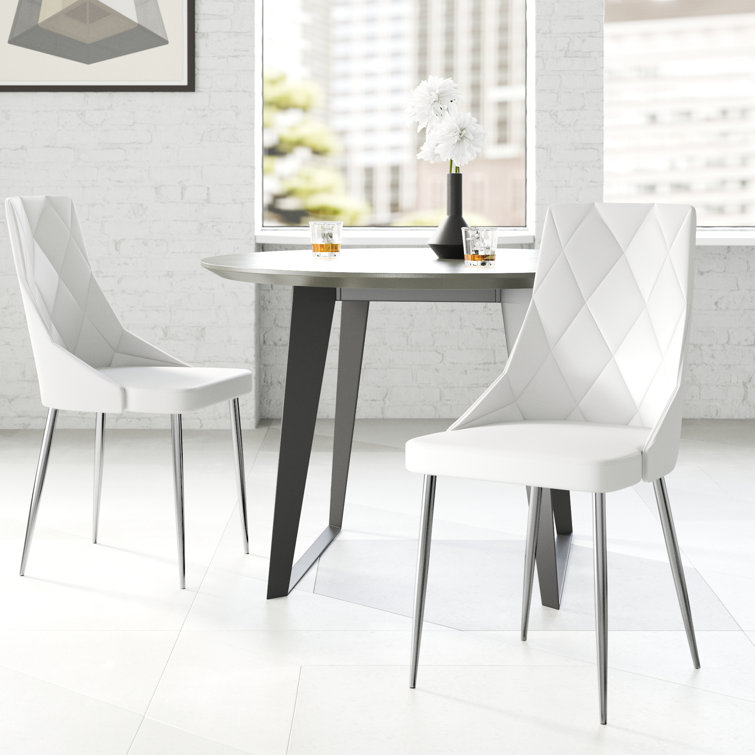 Curved Wood Frame Side Chair in White Faux Leather with Chrome Legs