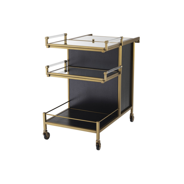 Modern Brushed Brass Eiffel Bar Cart with Mirror Glass Trays