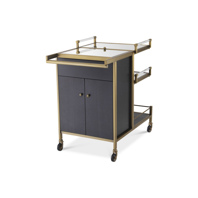 Modern Brushed Brass Eiffel Bar Cart with Mirror Glass Trays