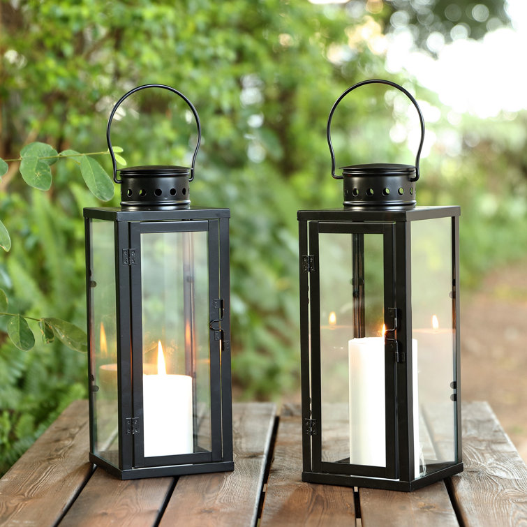 Black Iron and Glass Hanging Candle Lantern Set