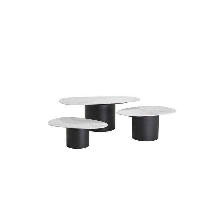 White Marble and Black Metal Nesting Coffee Table Set