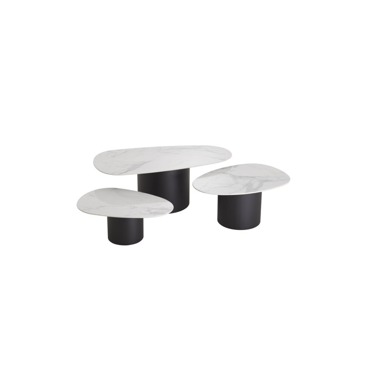 White Marble and Black Metal Nesting Coffee Table Set
