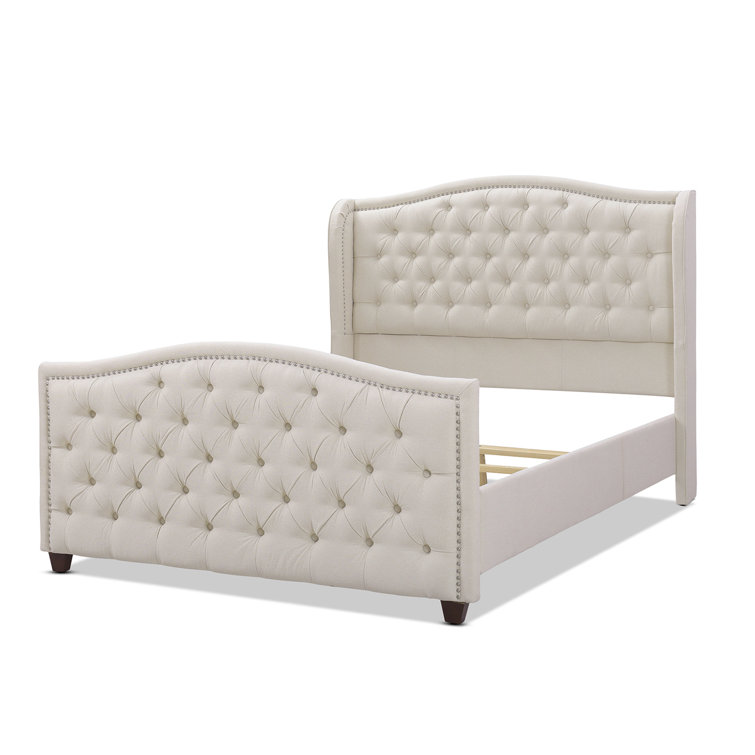 Sky Neutral Queen Upholstered Wingback Bed with Nailhead Trim