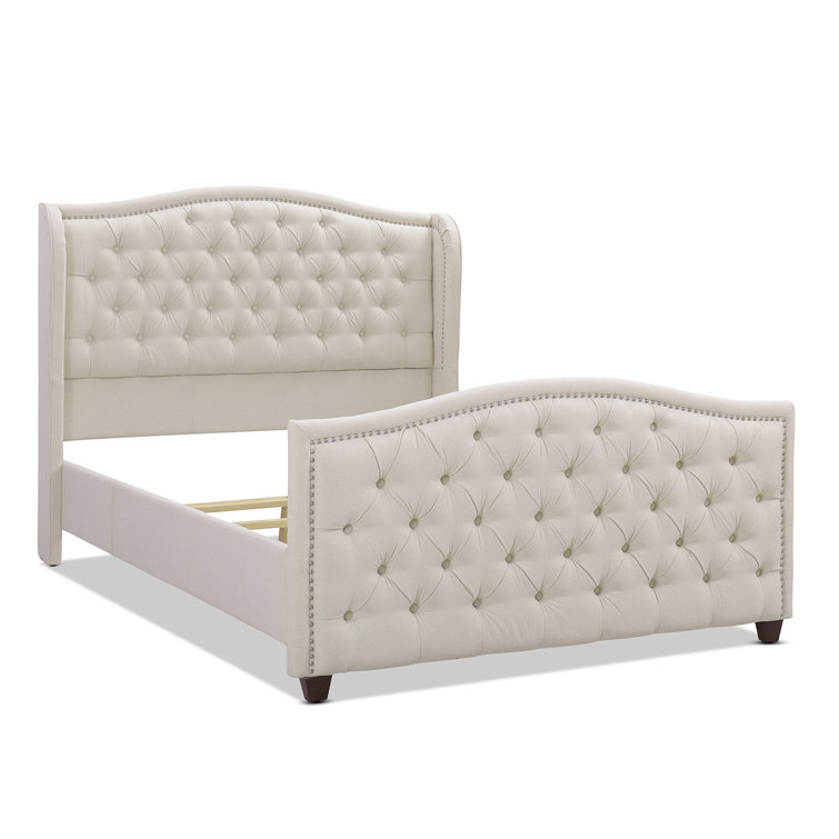 Sky Neutral Queen Upholstered Wingback Bed with Nailhead Trim