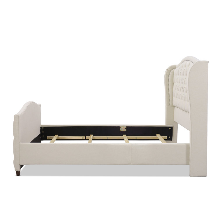 Sky Neutral Queen Upholstered Wingback Bed with Nailhead Trim