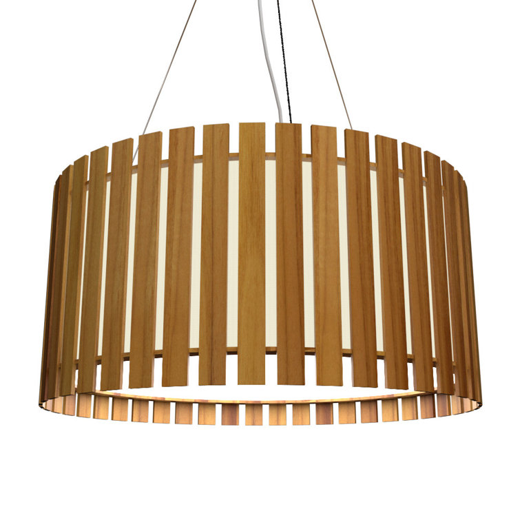 Teak and White Acrylic LED Drum Pendant Light