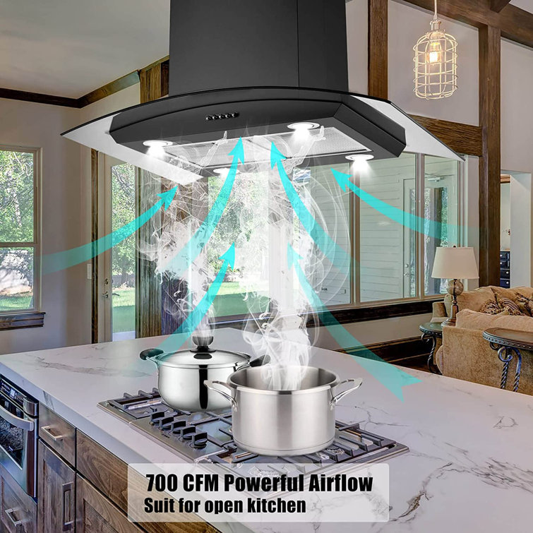 30'' Black Stainless Steel Convertible Island Range Hood with Mesh Filter