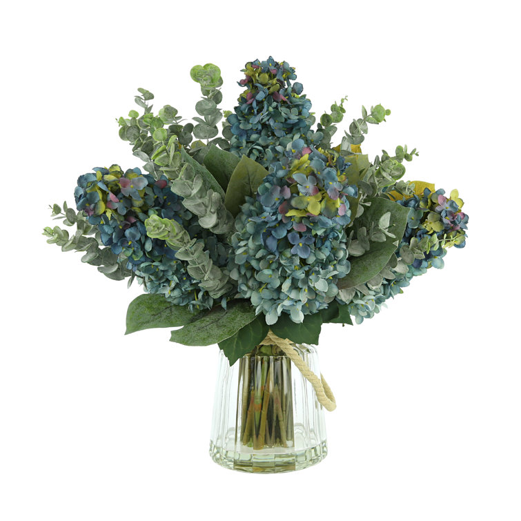 Blue Hydrangea and Lilac Faux Floral Arrangement in Glass Vase
