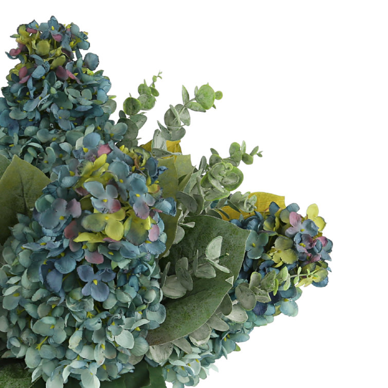Blue Hydrangea and Lilac Faux Floral Arrangement in Glass Vase