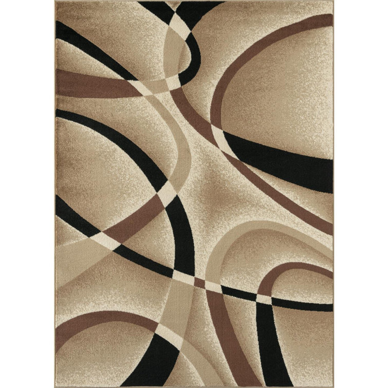 Beige and Black Abstract Synthetic 4x5 Area Rug