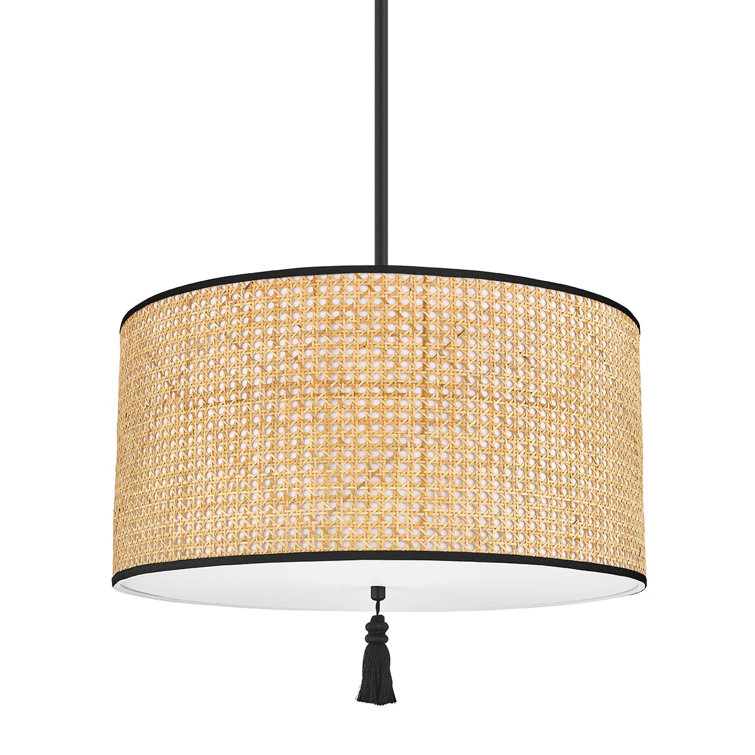 Dolores Soft Black and Natural Cane 3-Light Drum Pendant