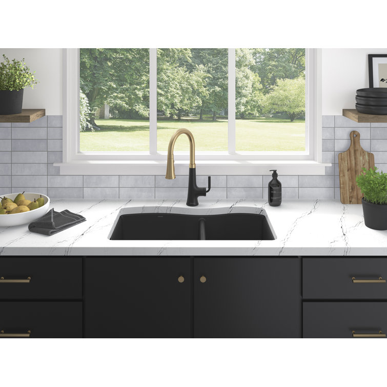 Matte Black Granite Composite Double Bowl Drop-In Kitchen Sink