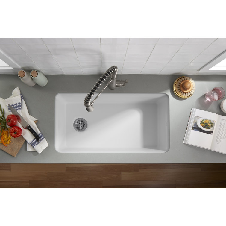 Cairn Matte White 33.5" Undermount Single-Bowl Kitchen Sink with Rack