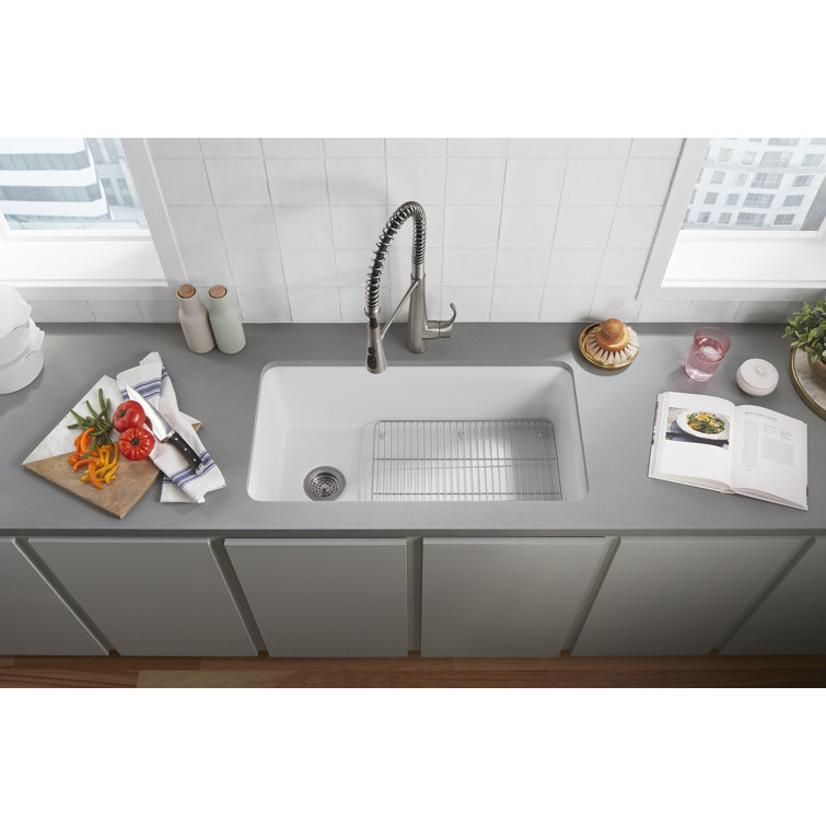 Cairn Matte White 33.5" Undermount Single-Bowl Kitchen Sink with Rack