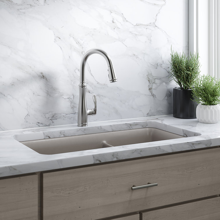 Matte Taupe 34" Double Basin Undermount Kitchen Sink with Accessories